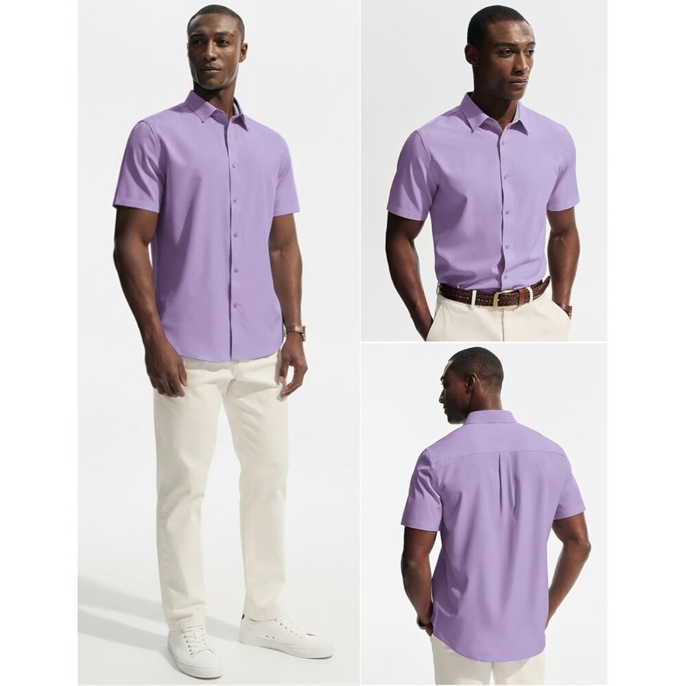 Men's Light Purple Short Sleeve Dress Stretch Wrinkle Free Untucked Shirts - Picture 2 of 7